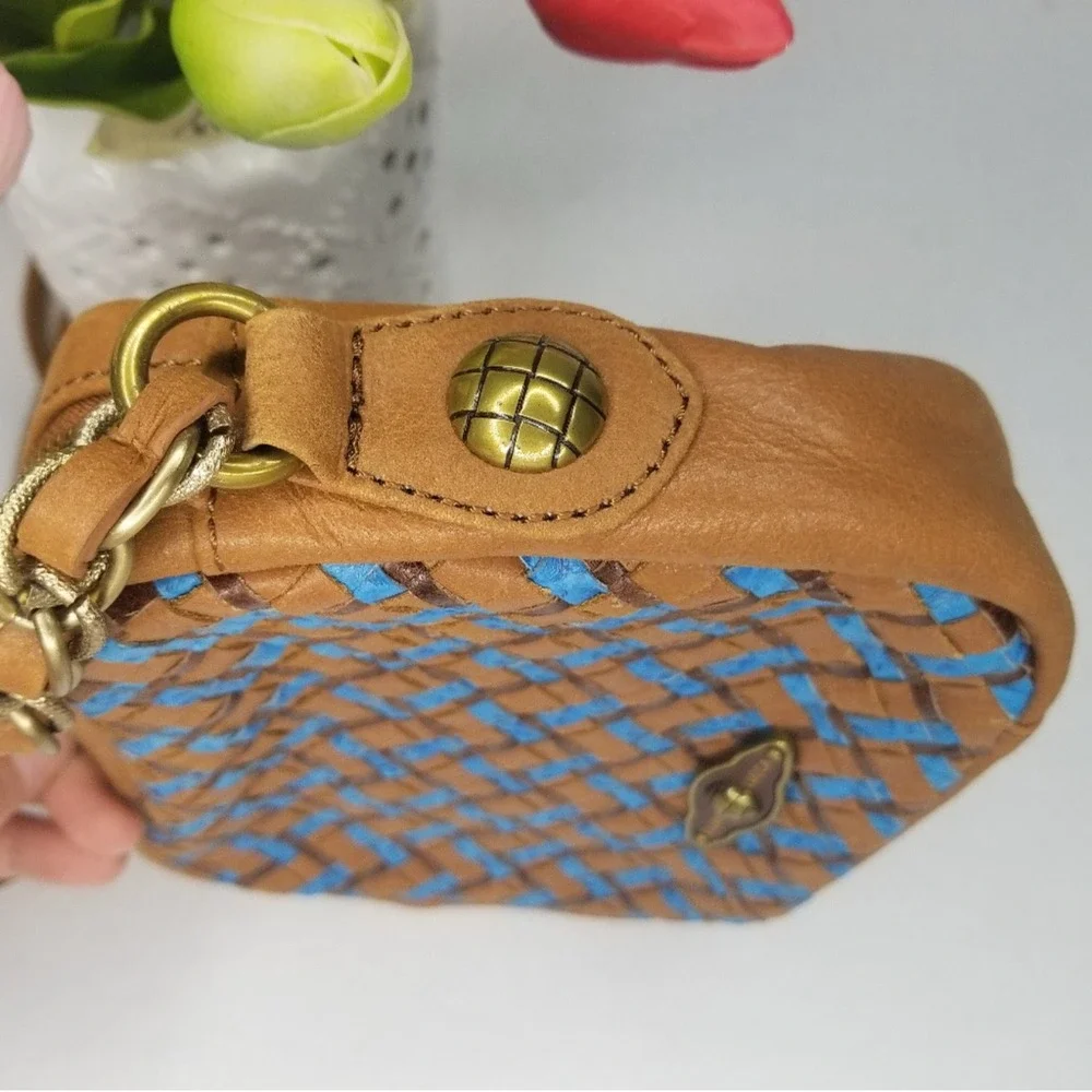 Elliott Lucca Brown Blue Weave Leather Crossbody Purse‎ Bag brass gold chain zip